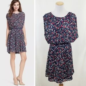 Joie Halsette Dress Silk Floral Pleated Blouson Navy blue red size Large